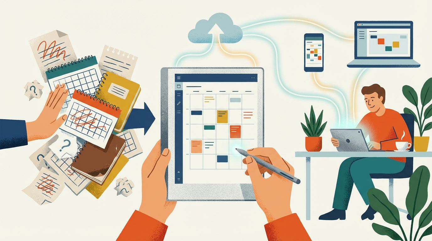 A reMarkable Paper Pro Move displaying a digital planner with synced calendar events