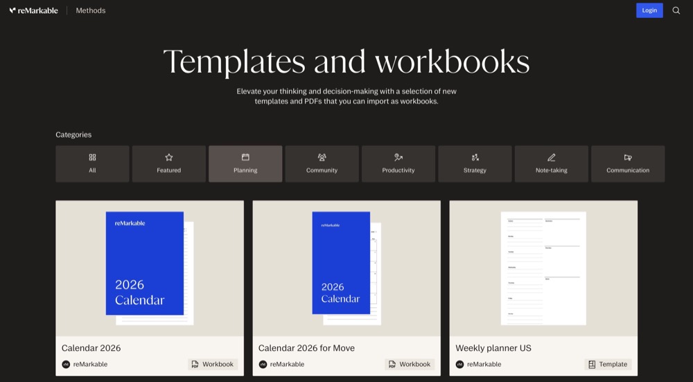 reMarkable methods gallery showing planner templates