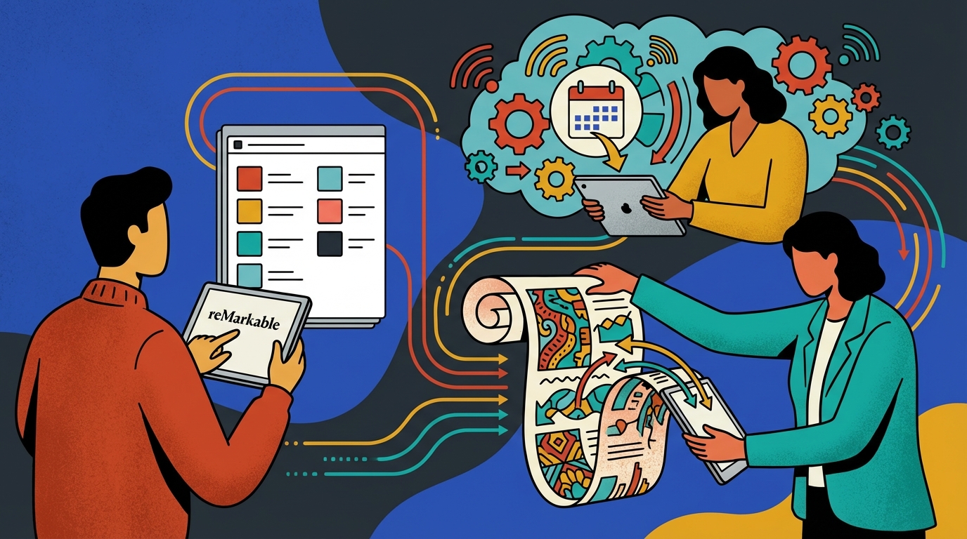 A reMarkable tablet displaying a weekly planner layout with calendar events and handwritten notes