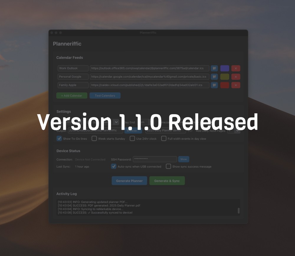 Planneriffic version 1.1.0 released